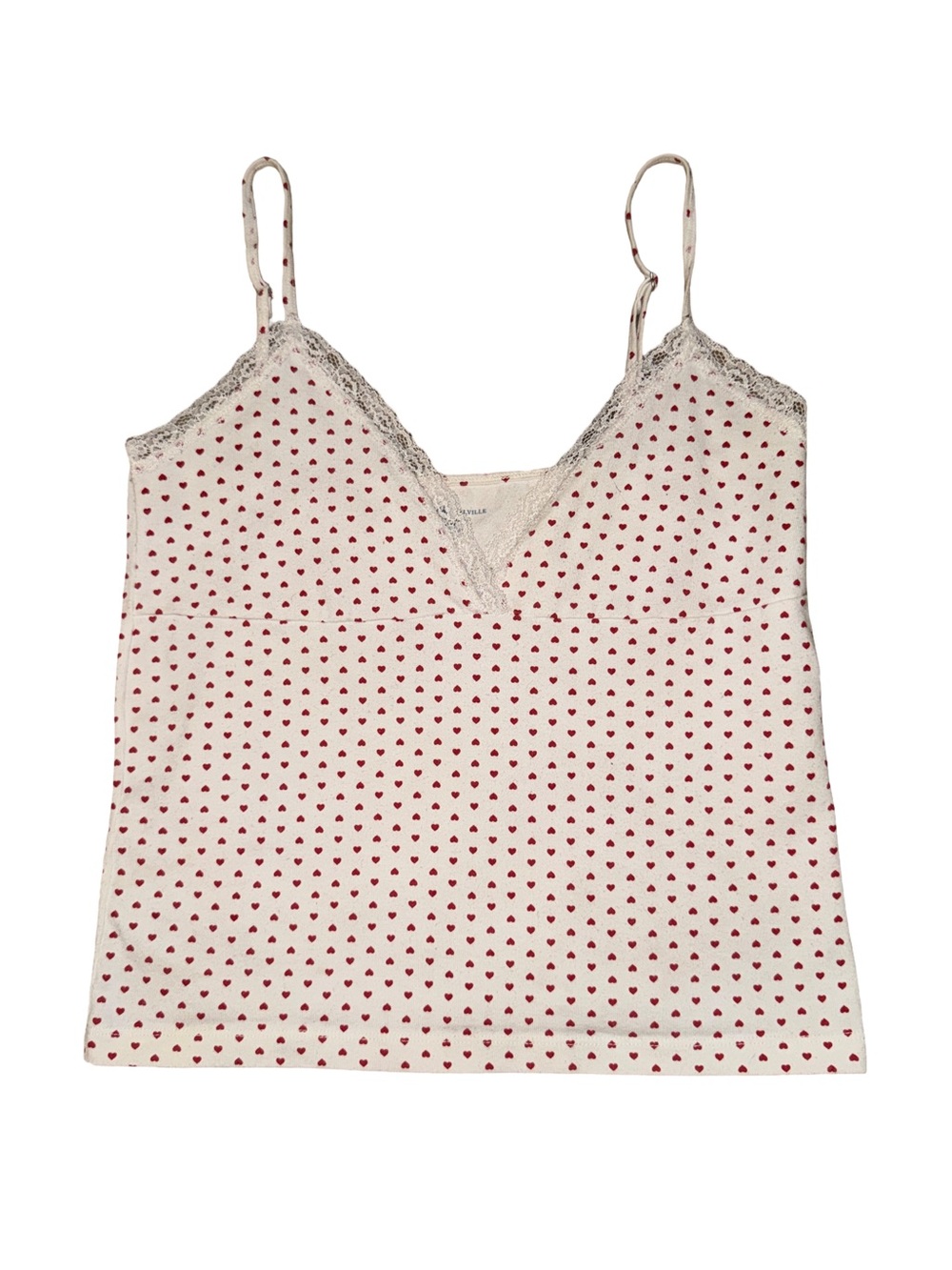 Brandy Melville Red Heart Print Lace Trim Cami Tank Top Cotton Made in Italy
